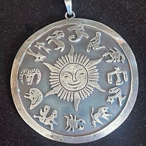 Vintage Taxco Mexico Astrology Zodiac Medallion Large Pendant Sterling 925